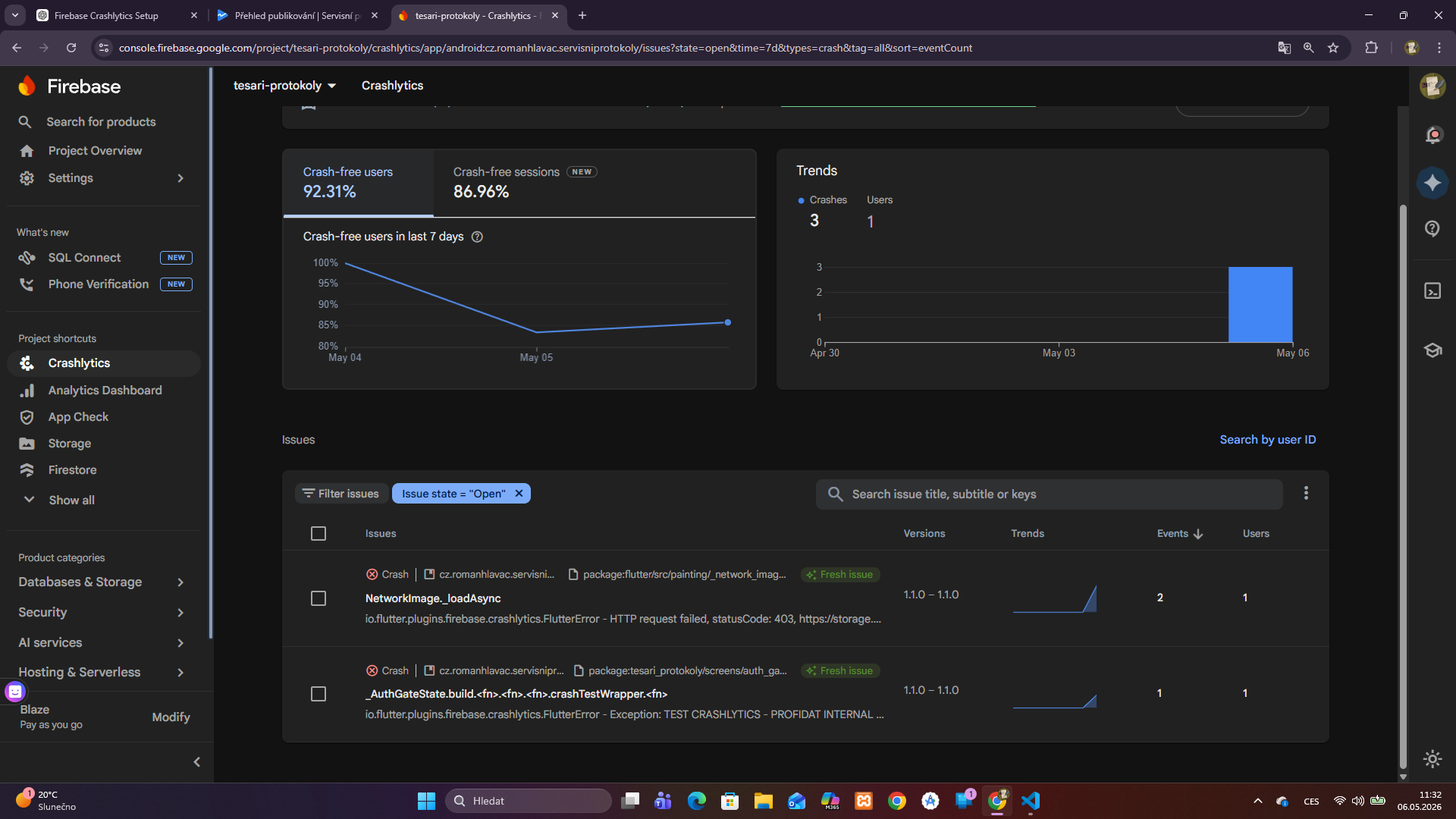 Crashlytics a monitoring stability aplikace