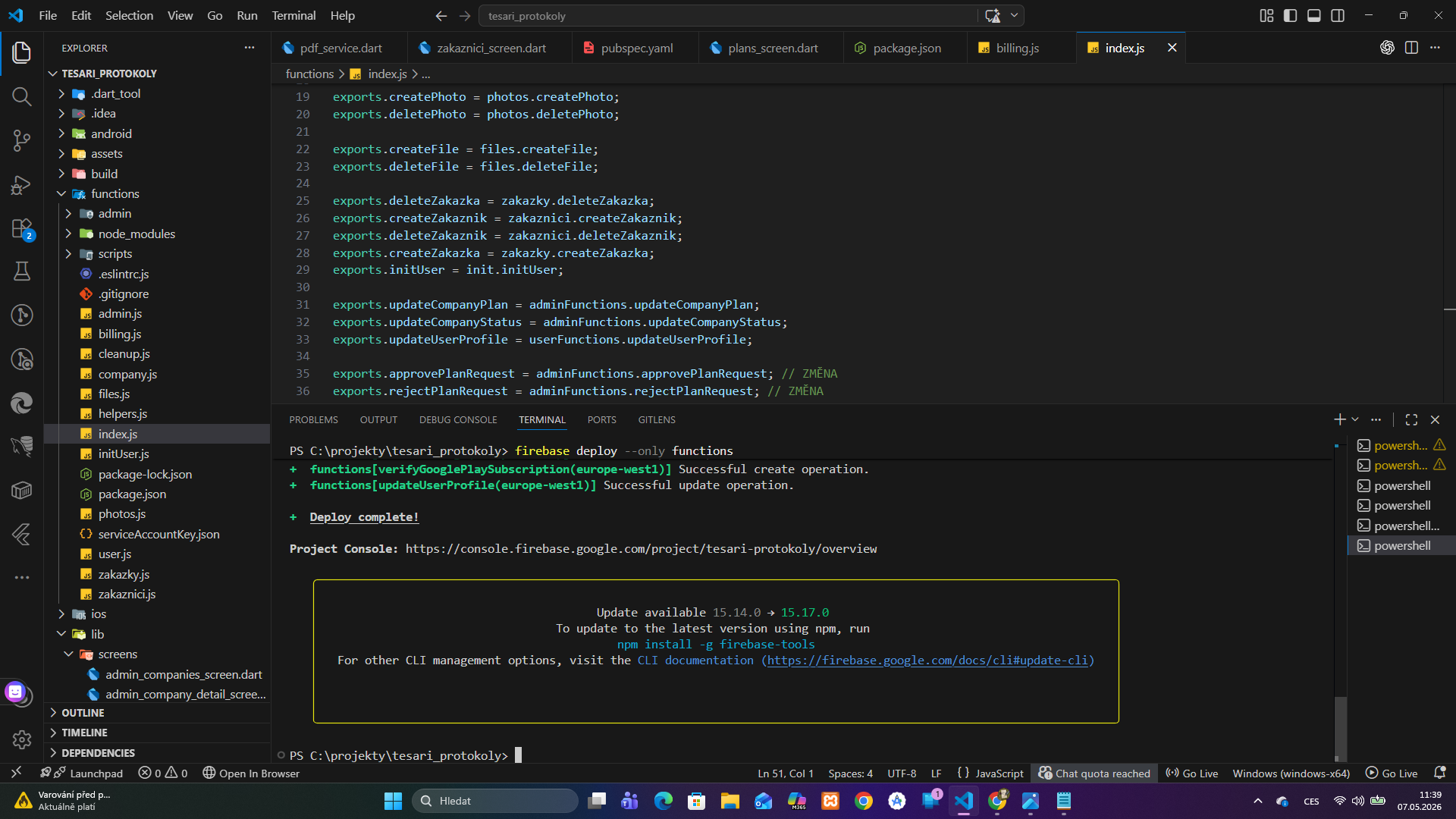 Firebase Console a backend aplikace
